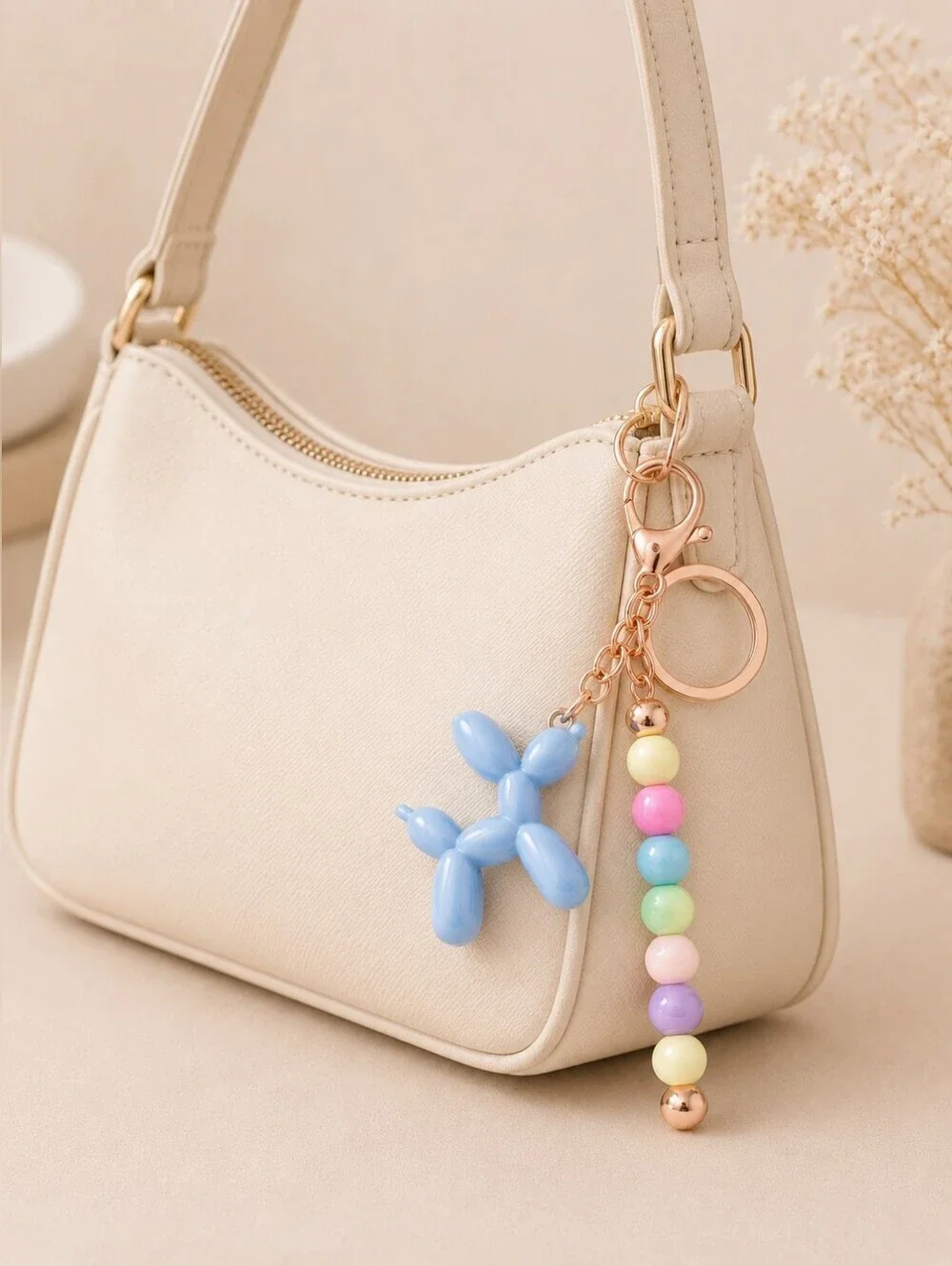 Pastel Balloon Dog Keychain | Cute Beaded Purse Charm | Rose Gold Key Ring